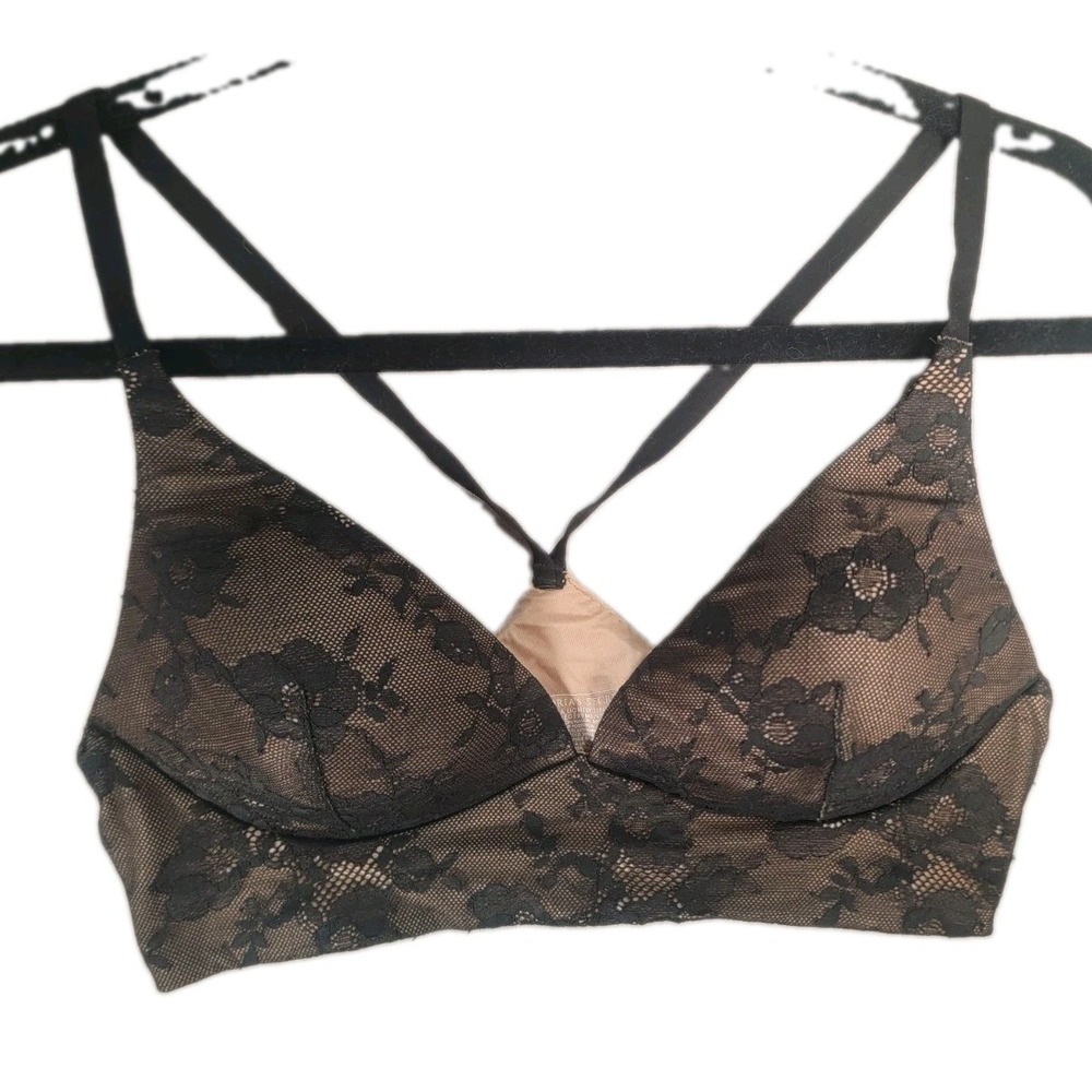 Victorias Secret Bra 36B Black Lace Body by Victoria Plunge Racerback Bralette